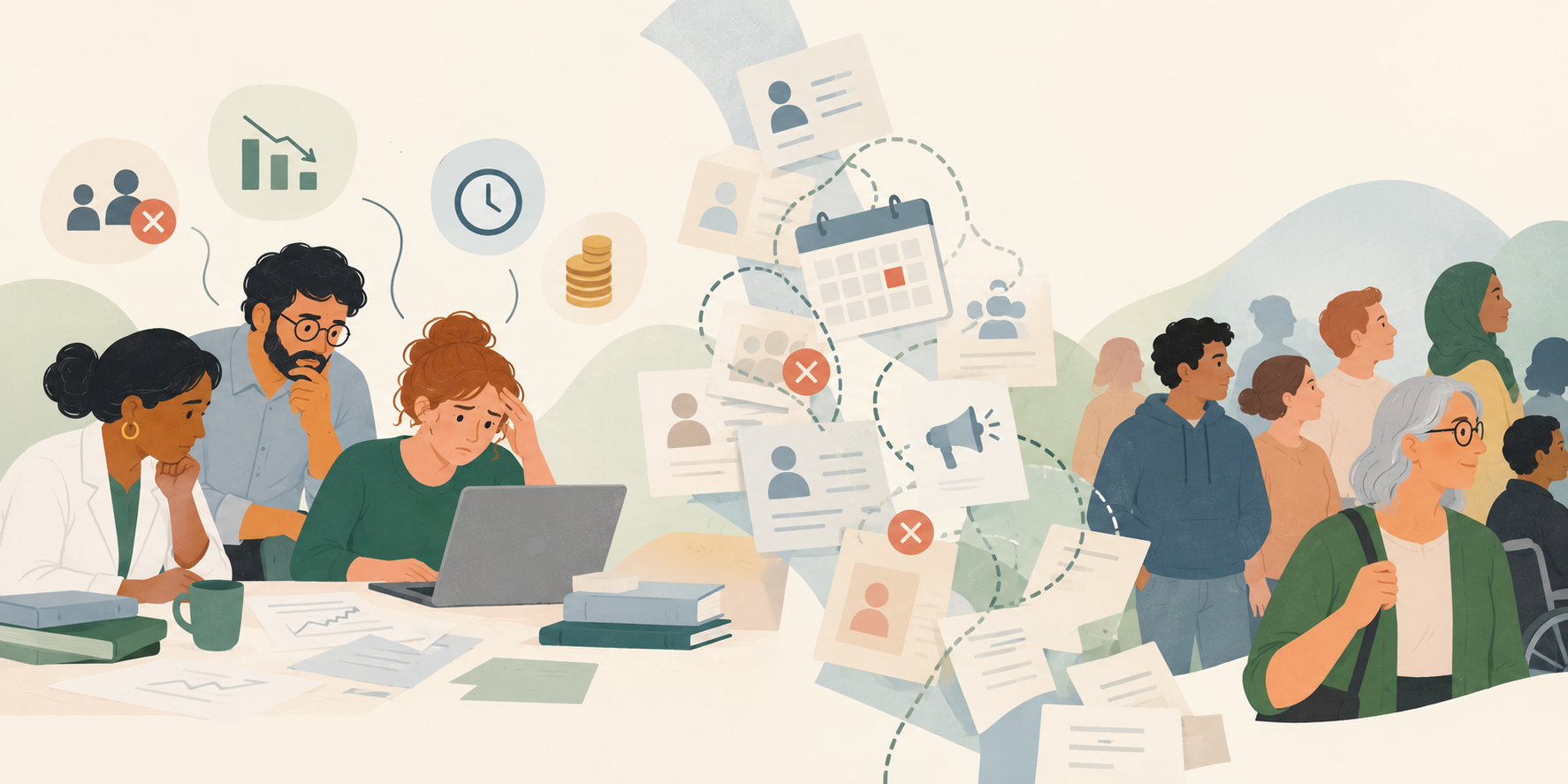 Researchers at a desk puzzling over recruitment figures while study invitations fail to reach a crowd of potential participants